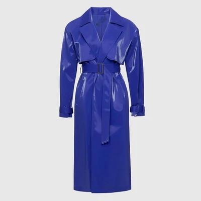 Puritues Women’s Blue PVC Vinyl Trench Coat Raincoat Belted Waterproof Jacket - Image 1 of 3
