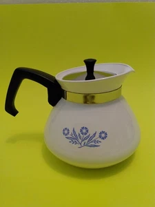 Vintage Corning Ware Coffee Teapot with Chrome Lid P-104 6 Cup Blue Cornflower - Picture 1 of 8