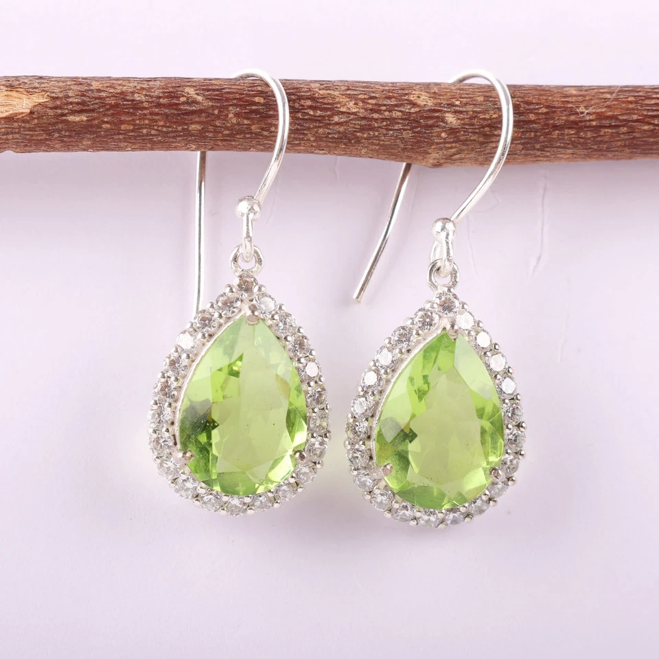 Peridot Gemstone 925 Sterling Silver Jewelry Zircon Earrings 1.37" Gift For Her Foto 1 de 4