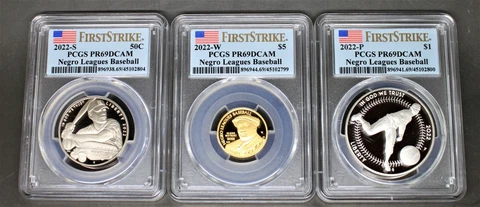 2022 NEGRO LEAGUES BASEBALL 3 COINS 50C $1 & $5 PCGS ALL PR69DCAM FS/FLAG LABEL Cover