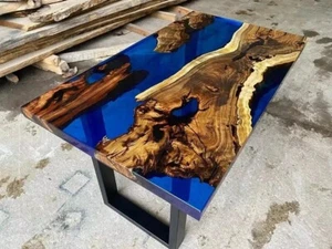 36"x24" Clear Blue Epoxy Resin Dining Table Live Edge Wooden Kitchen Slab Decors - Picture 1 of 8
