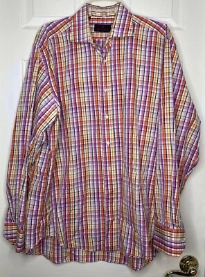 Men ETRO orange Pink White Plaid Check Button Down L/s Dress Shirt Sz 42 US 16.5 - Image 1 of 3