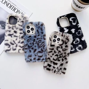 For iPhone Samsung Case Plush Leopard Print Warm Fluffy Phone Cover Women Girl - Picture 1 of 18