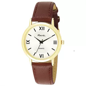 Ravel Gent's Herren klassische runde Uhr mit römischen Ziffern Goldgehäuse braunes Armband - Bild 1 von 1