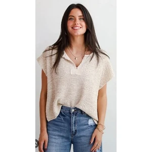 Bobbles & Lace crop short-sleeve beige knit sweater top size small - Picture 1 of 9