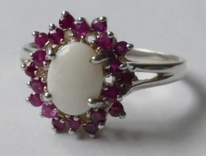 Anillo ópalo - cabujón 20 piedras preciosas rojas plata 925 vintage años 80 anillo plata - Imagen 1 de 4