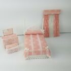 Darling Vintage Pink Dollhouse Bedroom Set Bed Linens Vanity & Stool Curtain EUC