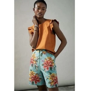 NWT Anthropologie Farm Rio Melanie Bermuda Linen Shorts Sz S Blue Tropical Boho - Picture 1 of 12
