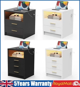 2/3 Drawers High Gloss Front Bedside Table Cabinet LED Nightstand With Charging - Picture 1 of 45