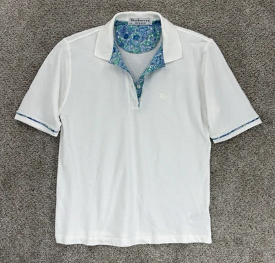 Camisa Polo Burberrys Años 90 Talla Pequeña Blanca Hecha en Inglaterra Rara Azul Borde Floral Foto 1 de 4