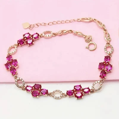 8Ctw Oval Cut Lab Created Pink Ruby Tennis Bracelet 14K Rose Gold Plated Silver - Image 1 of 4