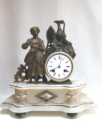 ANTIQUE 1860 FRENCH CLOCK STATUE ROMANTIC with alabaster base Japy Freres movem Cover