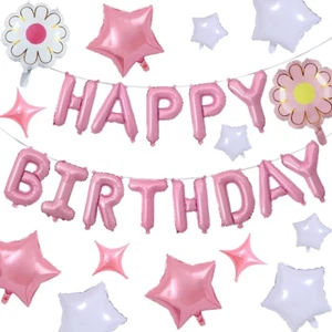 Happy Birthday Banner Script Pink Letter Sign with 12 PCS Pink White Star Foil M - Picture 1 of 12