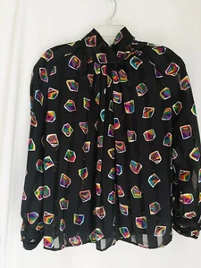 Jordan Sheer Woman Blouse Sz 12 High Neck Boho Geometric Vintage Woman LS - Picture 1 of 11