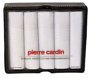 Pierre Cardin 5 Men's 100% Cotton Handkerchiefs White W/Gift Box