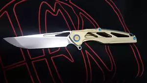Rike Knife - Knight - Custom Gold & Blue Titanium + Bohler N690 Blade #123 Rear! - Picture 1 of 6