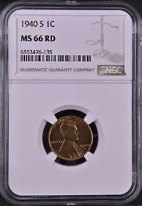 1940-S 1C RD Lincoln Wheat One Cent NGC MS66RD   6553476-135 - Picture 1 of 2