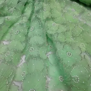 Embroidered Beaded Lace Apparel Fabric By The Yard Sheer Floral Apple Green - Picture 1 of 1