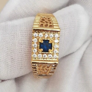 0.74Ct Natural Blue Sapphire & Diamond Men's Engagement Ring in 14K Yellow Gold - Picture 1 of 12