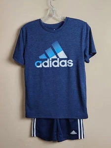 Adidas Boy's Size 10-12 Outfit - Navy Shorts White Stripes and Blue T-Shirt - Picture 1 of 16