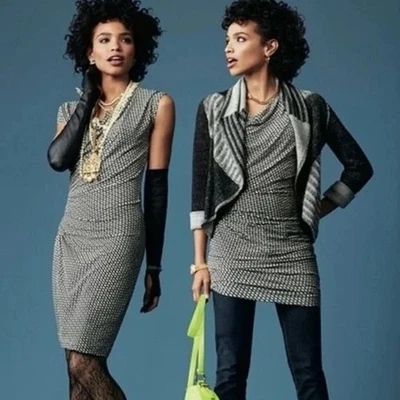 NWT CAbi Monroe Dress Womens M Black White Geo Print Draped Ruched Office Career - Image 1 of 4