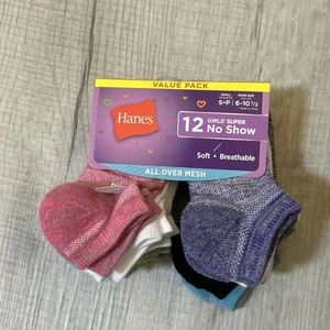 Hanes Girls' 11 + 1 Bonus Pack Super No Show Athletic Socks, Size Small NEW - Picture 1 of 24
