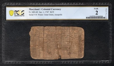 MD-40 JANUARY 1, 1767 $2/9 TWO NINTHS DOLLAR MARYLAND COLONIAL PCGS FAIR-2 RARE - Image 1 of 2