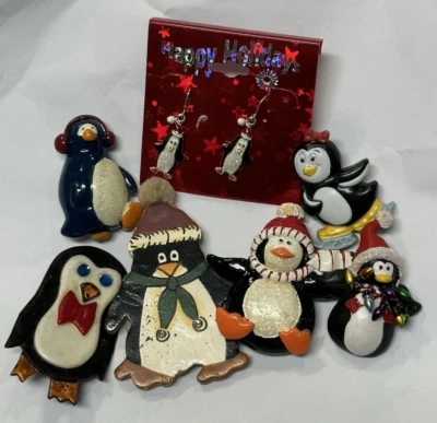 Vtg Lot 7 Penguin Brooch Pin Dangle Earring Assorted Christmas Santa Penguins - Image 1 of 4