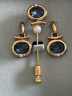 Vintage Gold Tone Blue Rhinestone Knot Stick Pin and Earring SET NEW In Box