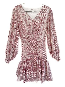 TEMT Burgundy & White Floral Sheer Shirred Mini Dress | Size 8 | Rarely Worn - Picture 1 of 3