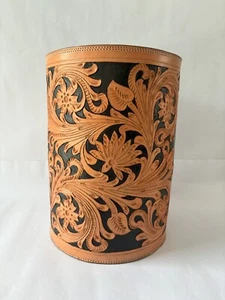 Shwaan Cylindrical Hand tooled Harness Leather Trash Can,Home decor  Basket - Picture 1 of 24