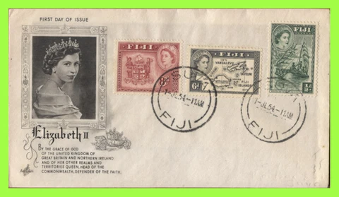 Fiji 1954 QEII ½d, 6d and 8d definitives on ArtCraft First Day Cover Cover