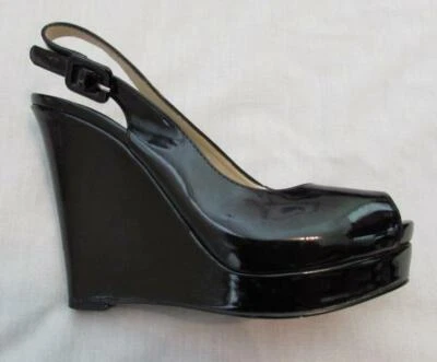 NINE WEST Mujer 5.5 Negro Patente Cuña Plataforma Peep Toe Correa Tobillo Zapatos Foto 1 de 3