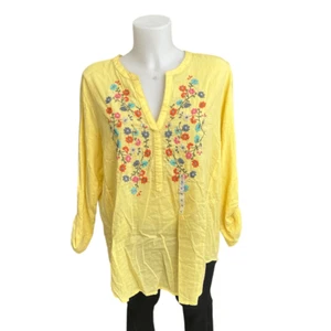 Gelb Blumen bestickt V Ausschnitt Pullover Boho Bluse von Passports XL Neu - Bild 1 von 9