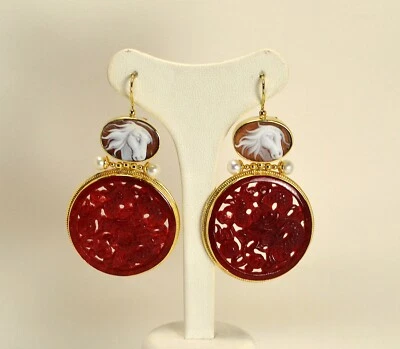 ORECCHINI IN ARGENTO 925 DORATO CON PERLE AGATA ROSSA E CAMMEI CAVALLI AGHT 0651 - Immagine 1 di 3