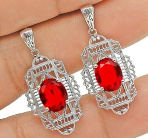 4CT Treated Ruby 925 Solid Sterling Silver Victorian Style Earrings Jewelry - Picture 1 of 1
