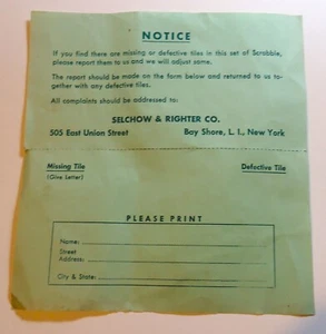 Vintage Scrabble missing or damaged tile replacement form Selchow & Righter CO - Picture 1 of 1