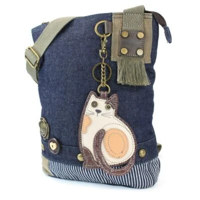 New Chala Patch Crossbody Messenger  Bag  Denim Navy Blue LAZZY CAT Coin Purse - Image 1 of 4