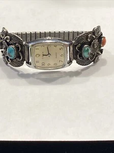 VINTAGE SIGNED AND NUMBERED THOMAS J WB-2851 NAVAJO STERLING TURQUOISE CORAL - Picture 1 of 11