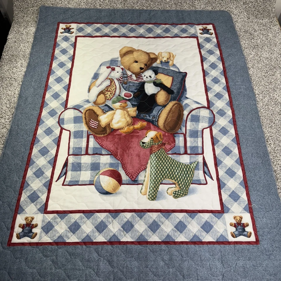 Manta acolchada vintage azul Jean oso de peluche a cuadros tiro infantil reversible años 90 Foto 1 de 4