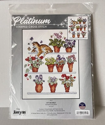 Kit de punto de cruz estampado gato en estante Janlynn Platinum Collection #7017 Foto 1 de 4