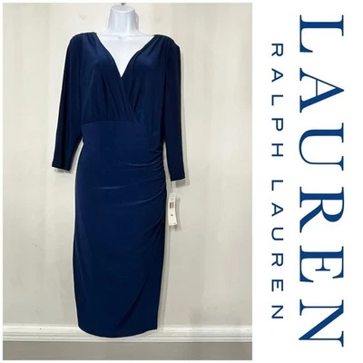 Lauren Ralph Lauren Faux Wrap Dress NWT Sheath Ruching Indigo Blue Formal 16 W - Image 1 of 4