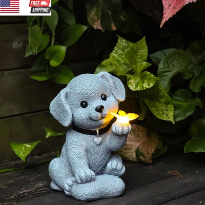 Solar Garden Decor Dog Statue with Butterfly Light Solar Lights Outdoor Waterpro - Image 1 of 4