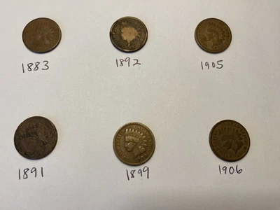 Lot of 6 Indian Head Cents Pennies: 1883, 1891, 1892, 1899, 1905, 1906 - Image 1 of 4