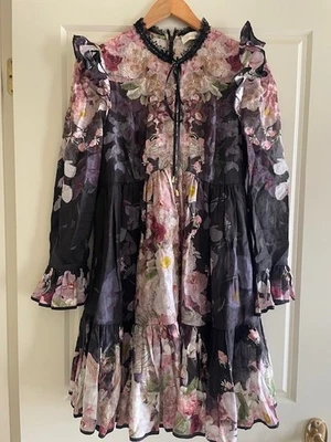ZIMMERMANN DANCER TIE NECK FLORAL MINI LINEN DRESS SIZE 2 AUD 12-14 US 8-10 - Image 1 of 4
