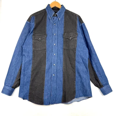 Винтажный Panhandle тонкий мужской средний/большой в полоску джинсовой ткани Chambray Western на пуговицах - Изображение 1 из 4