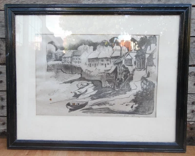 Vintage Original Artwork Charcoal Pencil Drawing Harbour Scene Framed Signed1936 - Image 1 of 4