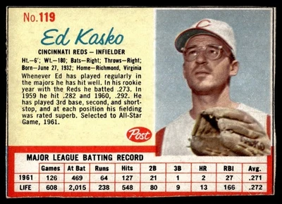1962 Post Cereal Ed Kasko Cincinnati Reds #119 - Image 1 of 2