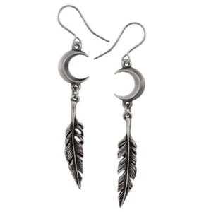 Pagan Dream Catcher Earrings, Droppers, Crescent Moon, Feathers, Alchemy England - Picture 1 of 3