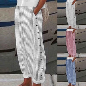 Mujeres Verano Moda Estampado a Rayas Botón Informal Versátil Suelto Nueve Puntos - Imagen 1 de 24